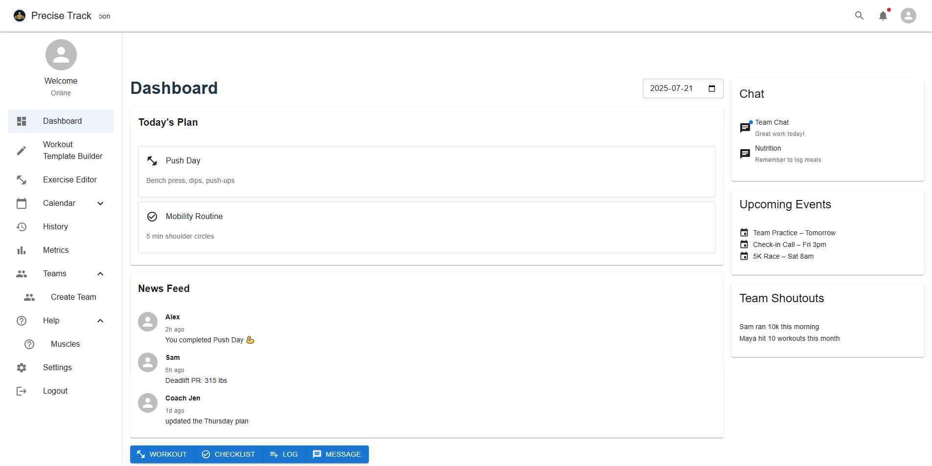 PreciseCoach dashboard screenshot